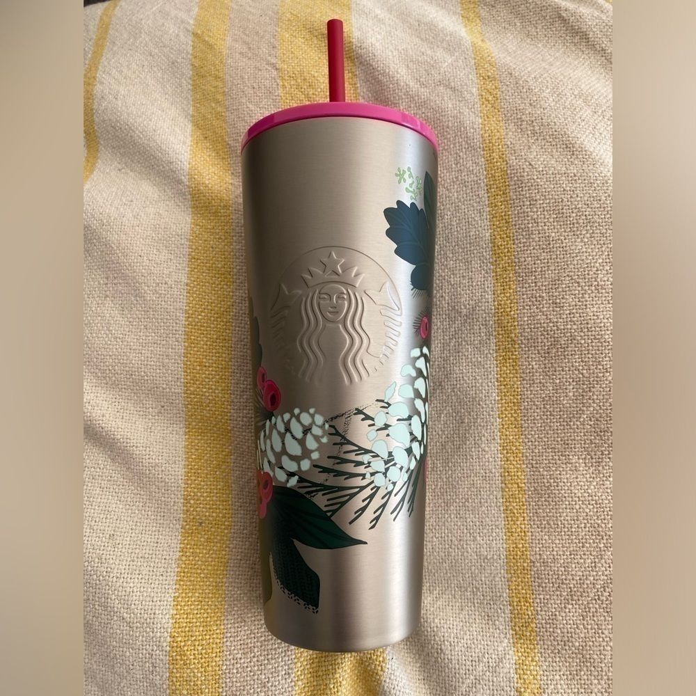 NWT STARBUCKS STAINLESS STEEL CHRISTMAS PINE LEAF MOTIF TUMBLER
